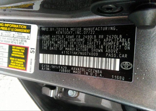 2022 TOYOTA CAMRY(VIN: 4T1C11AK7NU074009