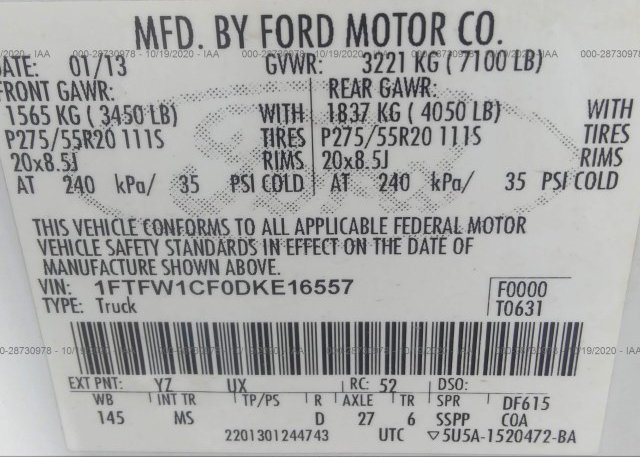1FTFW1CF0DKE16557 2013 FORD F-150