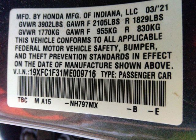 2021 HONDA CIVIC SEDAN(VIN: 19XFC1F31ME009716
