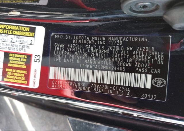 2021 TOYOTA CAMRY(VIN: 4T1K61AK8MU424405
