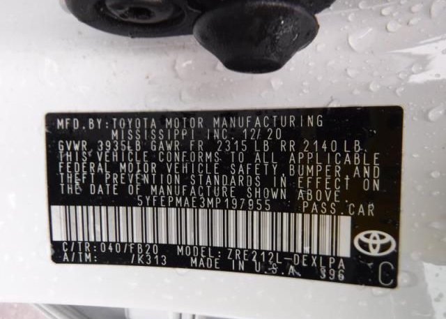 2021 TOYOTA COROLLA(VIN: 5YFEPMAE3MP197955