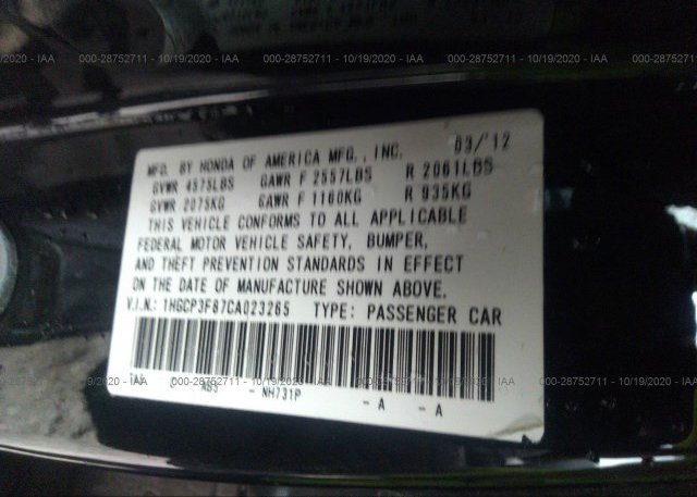 1HGCP3F87CA023265 2012 HONDA ACCORD SDN