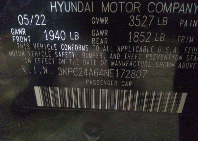 2022 HYUNDAI ACCENT(VIN: 3KPC24A64NE172807