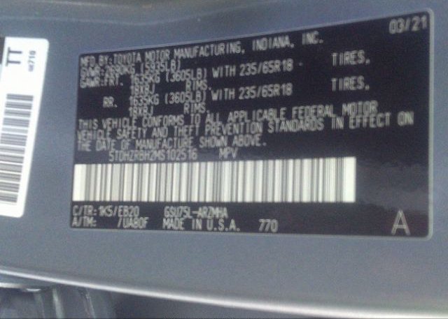 2021 TOYOTA HIGHLANDER(VIN: 5TDHZRBH2MS102516
