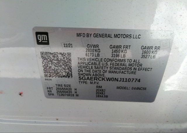 2022 BUICK ENCLAVE(VIN: 5GAERCKW0NJ110774