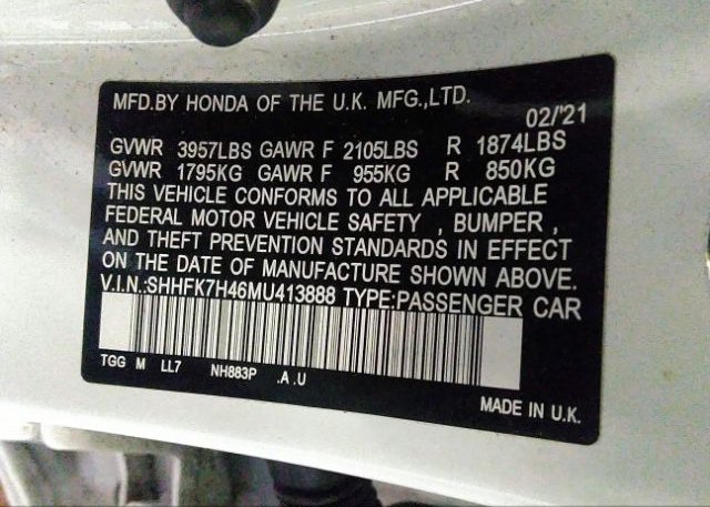 2021 HONDA CIVIC HATCHBACK(VIN: SHHFK7H46MU413888