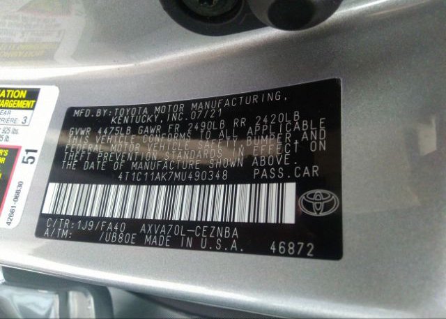 2021 TOYOTA CAMRY(VIN: 4T1C11AK7MU490348