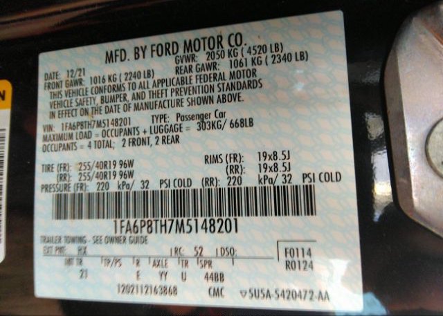 2021 FORD MUSTANG(VIN: 1FA6P8TH7M5148201