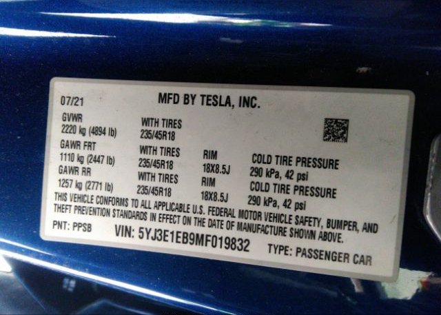 2021 TESLA MODEL 3(VIN: 5YJ3E1EB9MF019832
