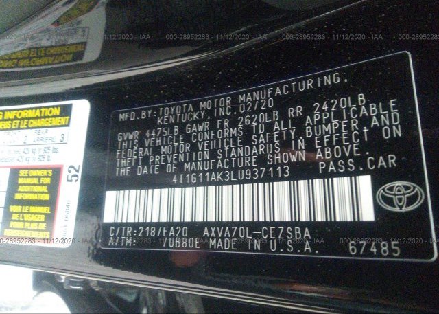 4T1G11AK3LU937113 2020 TOYOTA CAMRY