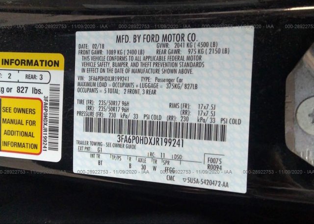 3FA6P0HDXJR199241 2018 FORD FUSION
