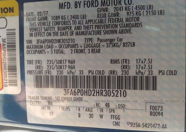 3FA6P0HD2HR305210 2017 FORD FUSION