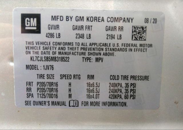 2021 CHEVROLET TRAX(VIN: KL7CJLSB5MB318522