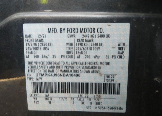 2022 FORD EDGE(VIN: 2FMPK4J96NBA10496