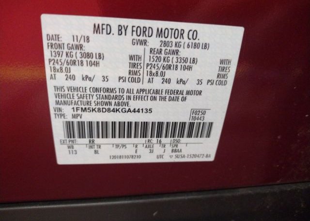 1FM5K8D84KGA44135 2019 FORD EXPLORER