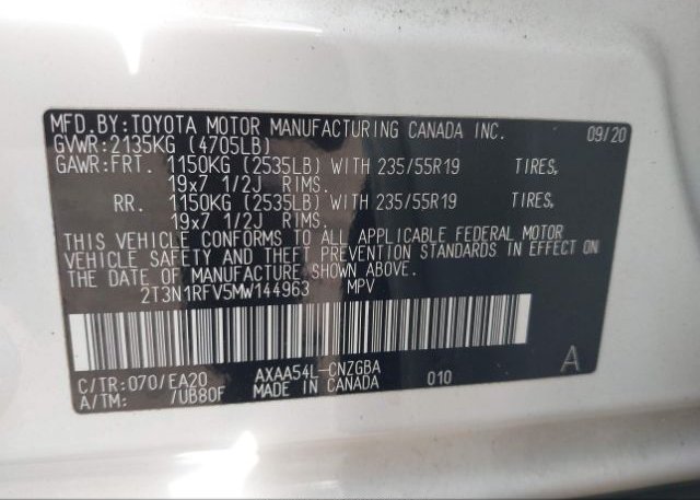 2021 TOYOTA RAV4 LIMITED(VIN: 2T3N1RFV5MW144963