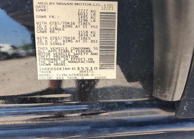 2022 NISSAN FRONTIER(VIN: 1N6ED1EK1NN635519
