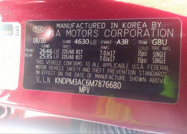 2021 KIA SPORTAGE(VIN: KNDPM3AC6M7876680