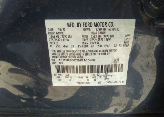 2021 FORD EXPLORER(VIN: 1FM5K8GC2MGA15008