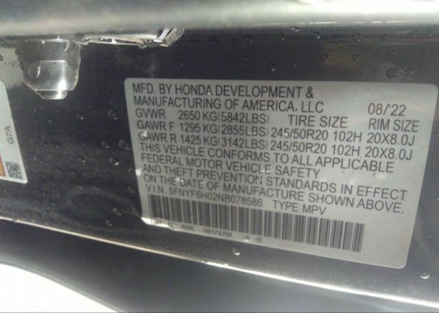 2022 HONDA PILOT(VIN: 5FNYF6H02NB078586