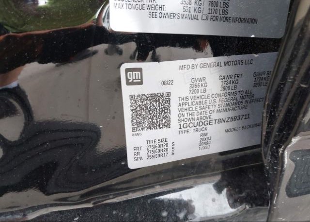 2022 CHEVROLET SILVERADO 1500(VIN: 1GCUDGET8NZ593711