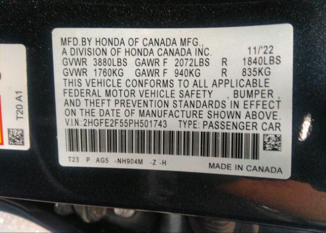 2023 HONDA CIVIC SEDAN(VIN: 2HGFE2F55PH501743