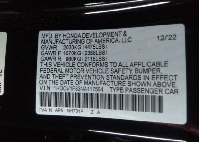 2022 HONDA ACCORD SEDAN(VIN: 1HGCV1F33NA117564
