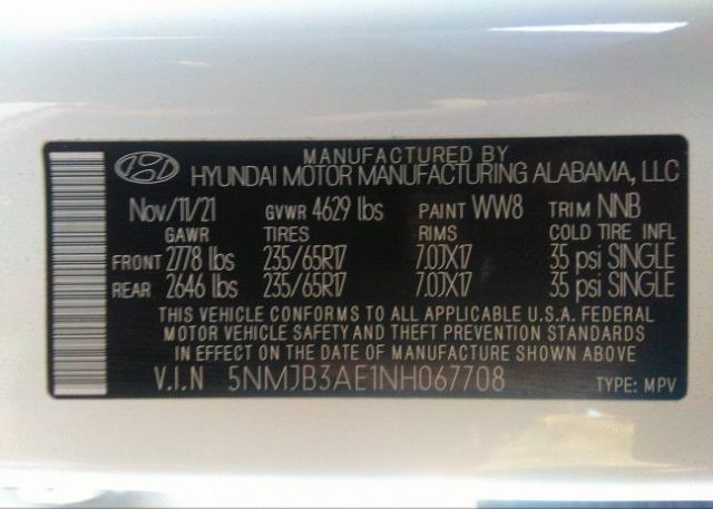 2022 HYUNDAI TUCSON(VIN: 5NMJB3AE1NH067708