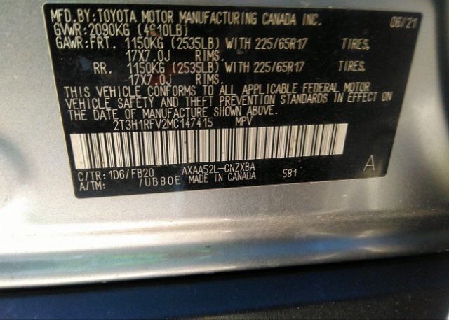 2021 TOYOTA RAV4(VIN: 2T3H1RFV2MC147415