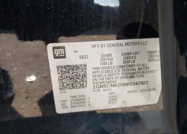 2021 CHEVROLET TAHOE(VIN: 1GNSCNKD8MR342821