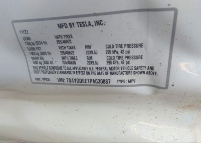 2023 TESLA MODEL Y(VIN: 7SAYGDEE1PA030887