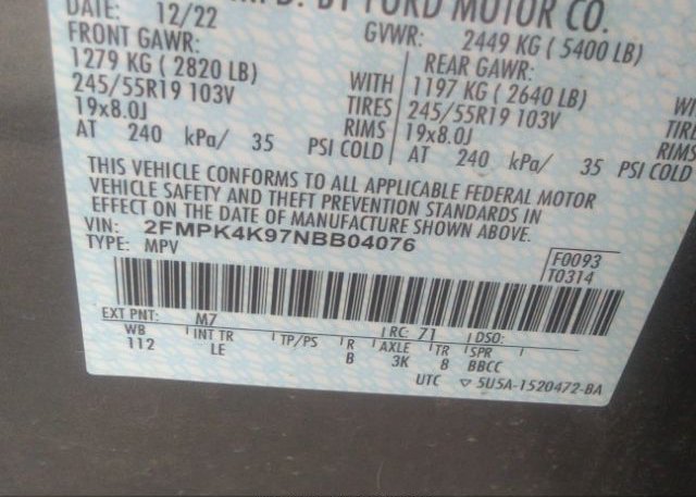 2022 FORD EDGE(VIN: 2FMPK4K97NBB04076