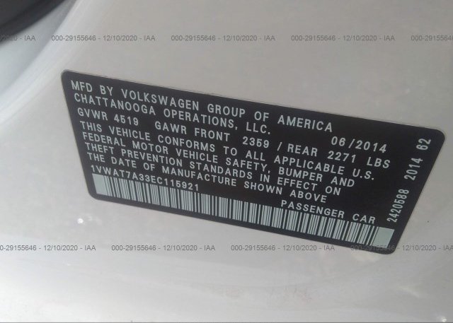 1VWAT7A33EC115921 2014 VOLKSWAGEN PASSAT
