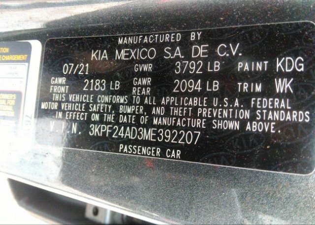 2021 KIA FORTE(VIN: 3KPF24AD3ME392207