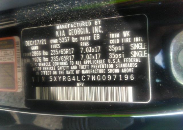 2022 KIA SORENTO(VIN: 5XYRG4LC7NG097196