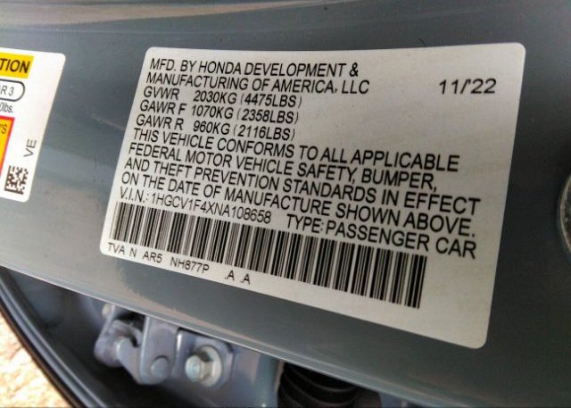 2022 HONDA ACCORD SEDAN(VIN: 1HGCV1F4XNA108658