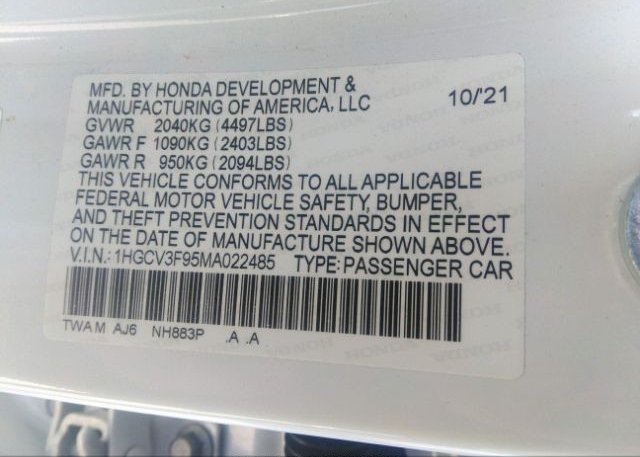 2021 HONDA ACCORD HYBRID(VIN: 1HGCV3F95MA022485