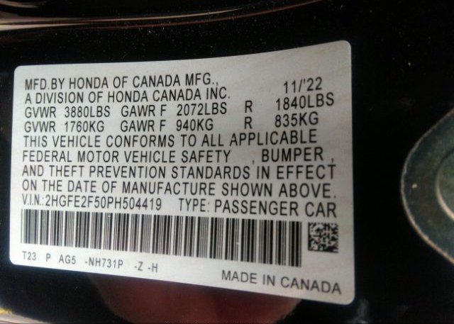 2023 HONDA CIVIC SEDAN(VIN: 2HGFE2F50PH504419