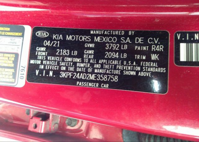 2021 KIA FORTE(VIN: 3KPF24AD2ME358758