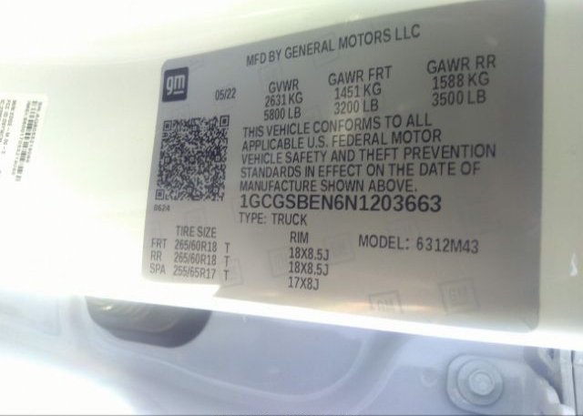 2022 CHEVROLET COLORADO(VIN: 1GCGSBEN6N1203663