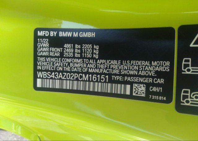 2023 BMW M4(VIN: WBS43AZ02PCM16151
