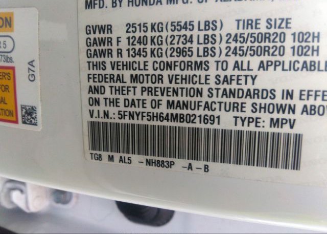 2021 HONDA PILOT(VIN: 5FNYF5H64MB021691