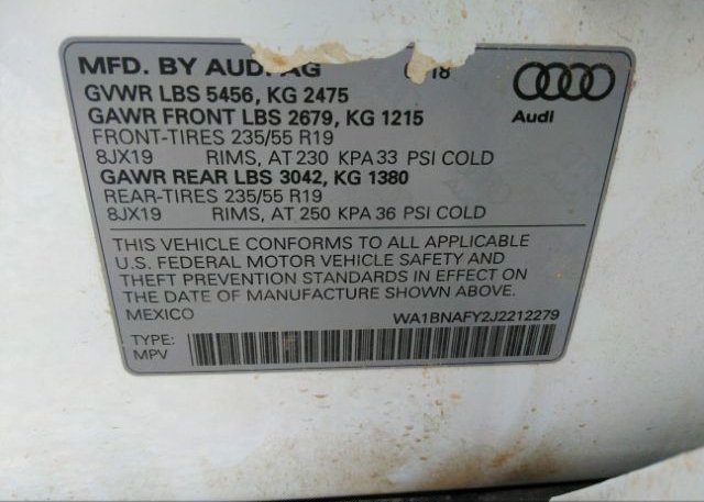 2018 AUDI Q5 VIN: WA1BNAFY2J2212279