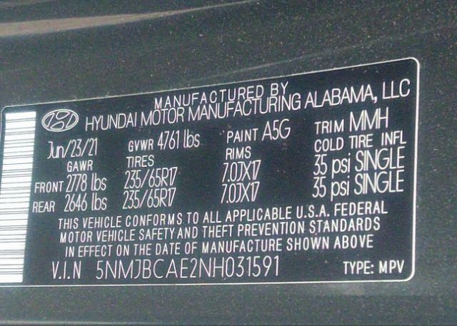 2022 HYUNDAI TUCSON(VIN: 5NMJBCAE2NH031591