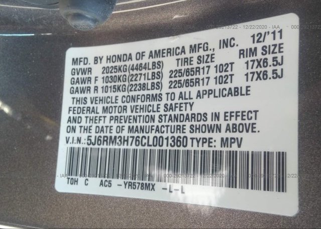 5J6RM3H76CL001360 2012 HONDA CR-V