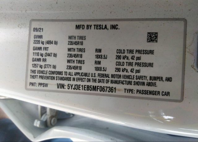 2021 TESLA MODEL 3(VIN: 5YJ3E1EB5MF067361