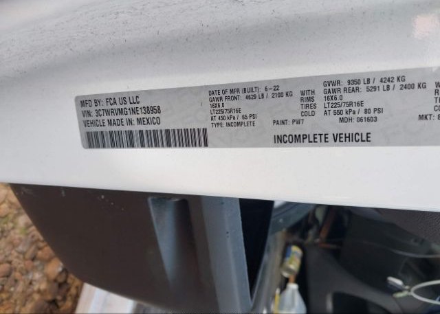 2022 RAM PROMASTER 3500 CUTAWAY(VIN: 3C7WRVMG1NE138958