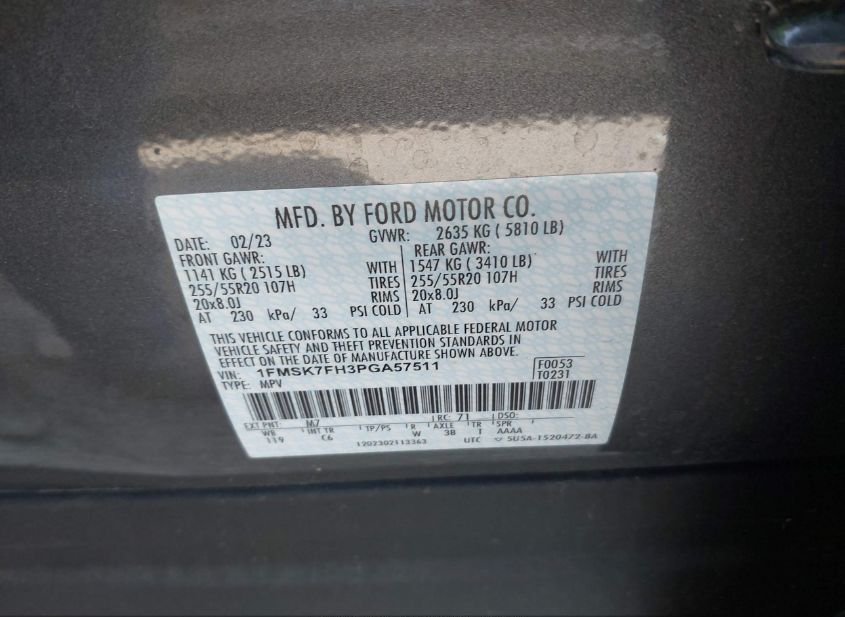 2023 FORD EXPLORER LIMITED(VIN: 1FMSK7FH3PGA57511