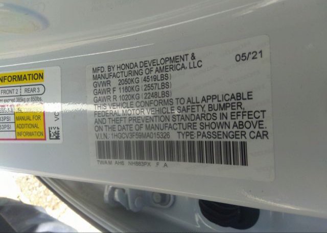 2021 HONDA ACCORD HYBRID(VIN: 1HGCV3F59MA015326
