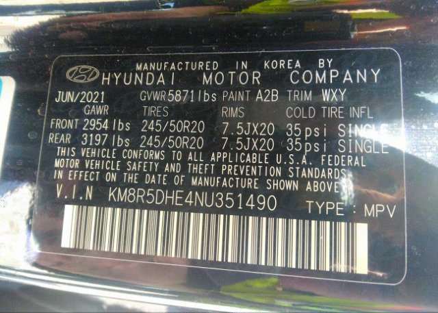 2022 HYUNDAI PALISADE(VIN: KM8R5DHE4NU351490
